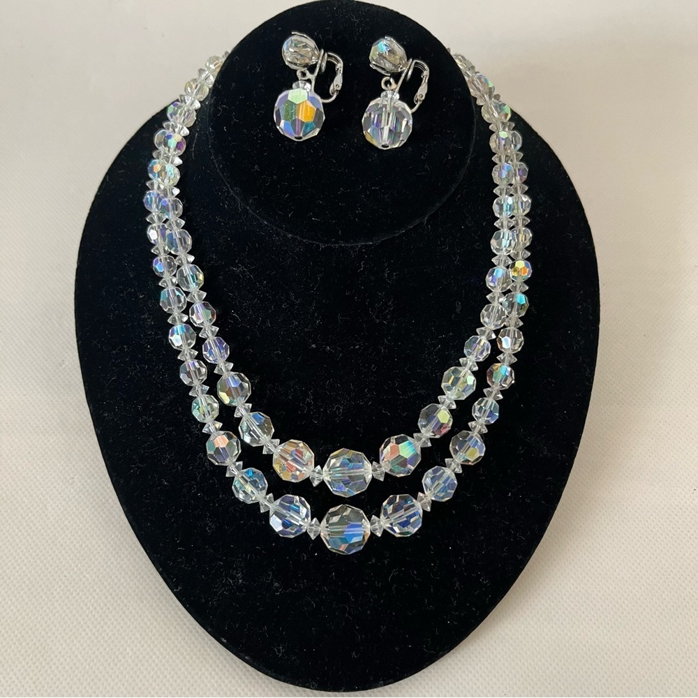 Vintage Aurora Borealis Crystal Beaded Double Strand Necklace & Clip On Earring